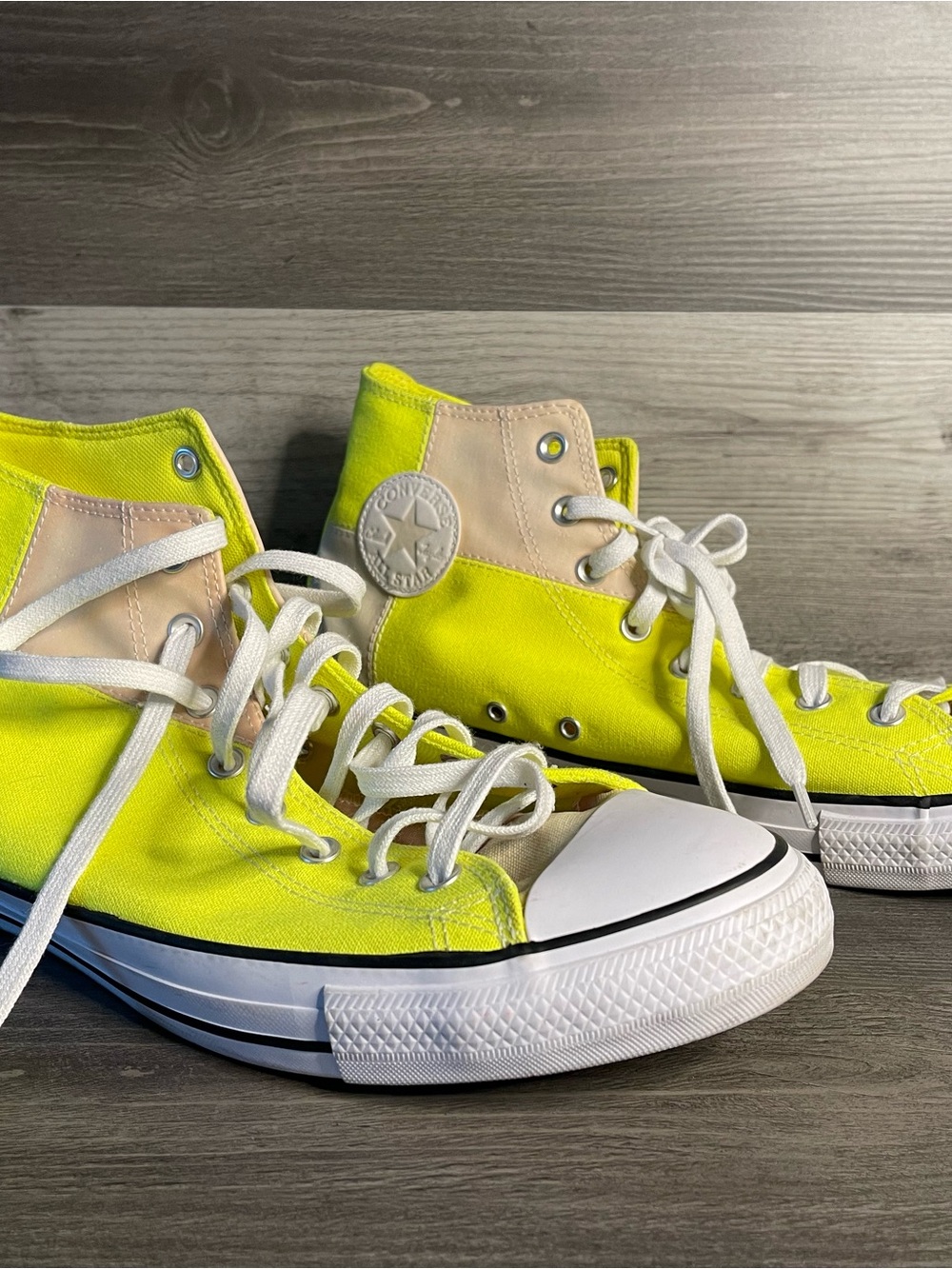 Converse High Top Sneakers in Neon Yellow and Cream - Picture 2 of 16